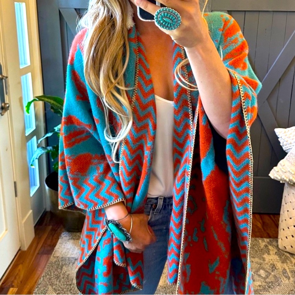 New Geometric Western Turquoise Ruana Blanket Cardigan Sweater - Wrap Coat